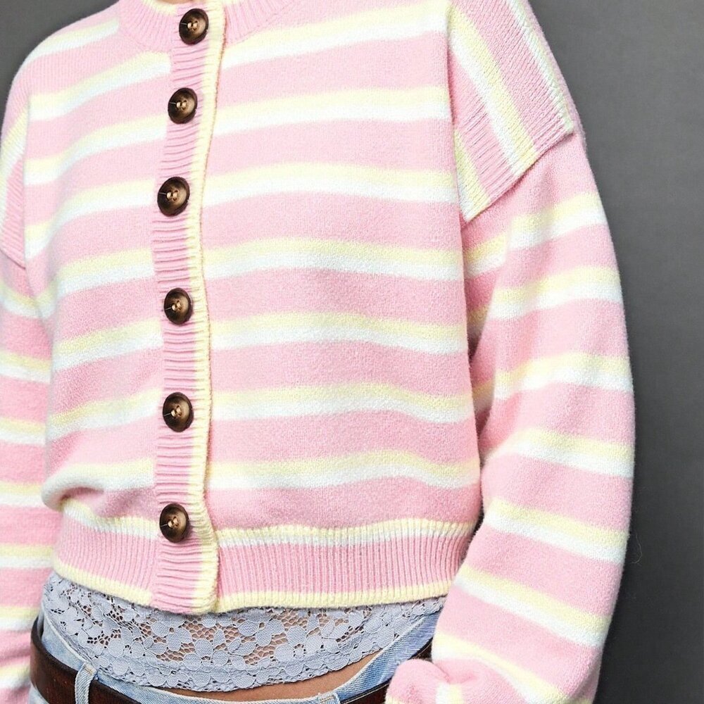 Pink Chic Women's Striped Crewneck Cardigan - Picture 4 of 8